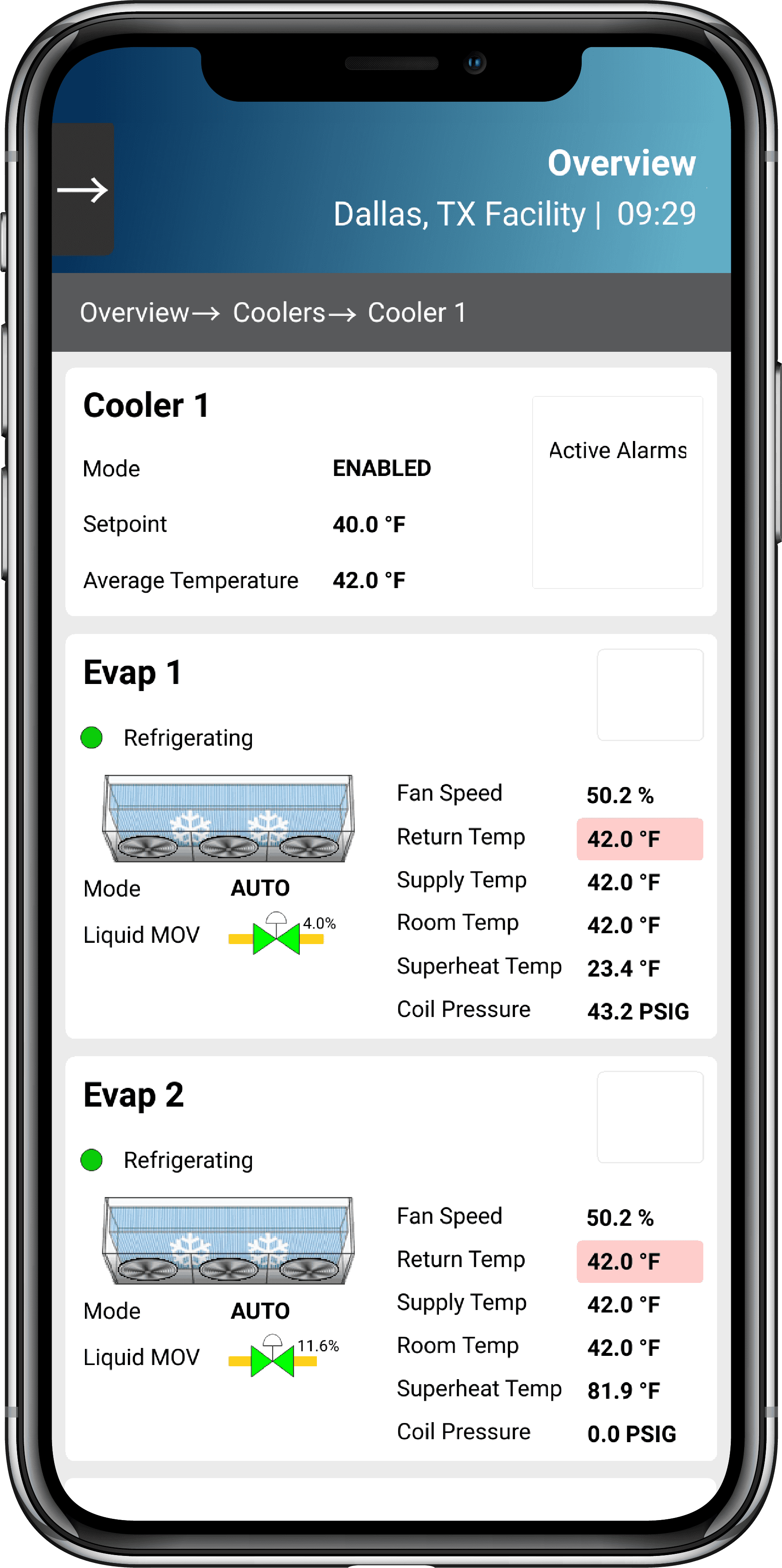 Airixa mobile app on a phone showing live cooler status, evaporator fan speeds, and temperatures for a Dallas, Texas facility.